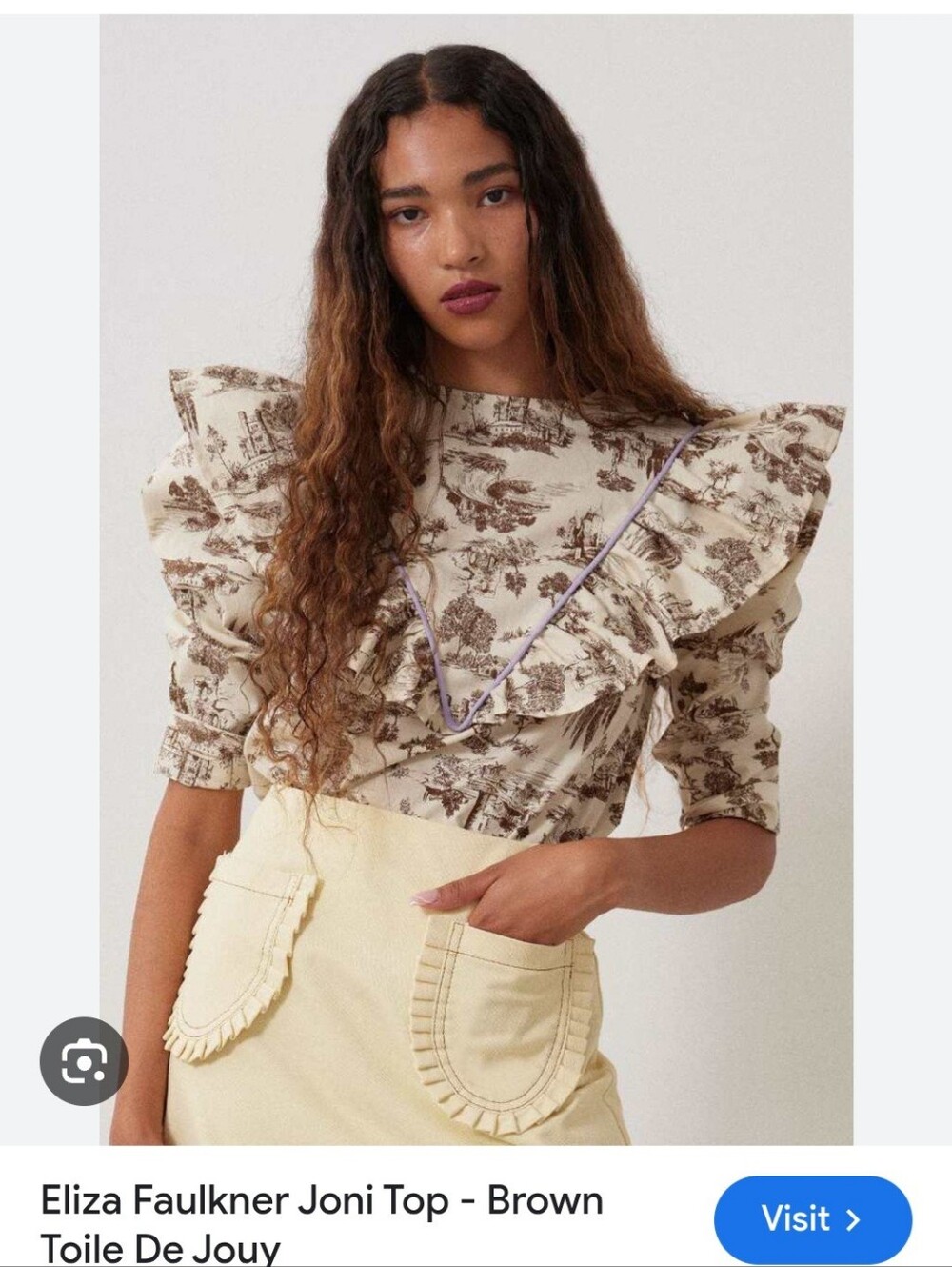 Brown Toile Ruffle Shoulder Blouse